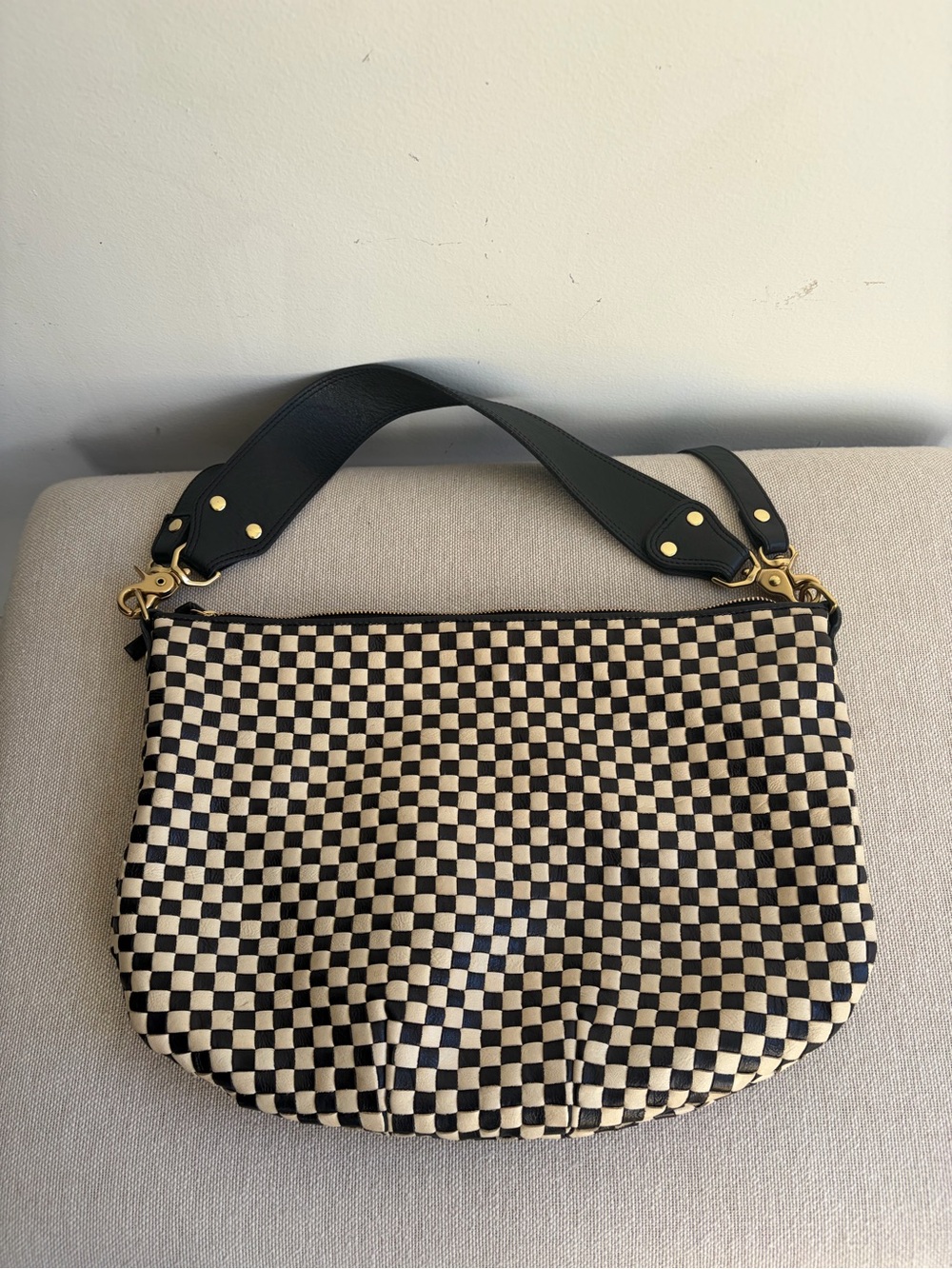 CLARE V. Moyen Woven Leather Messenger Bag Black Cream - Picture 2 of 6